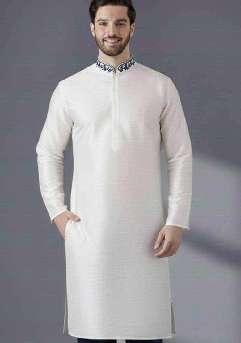 White Embroidery Silk Blend Kurta For Men - Indya