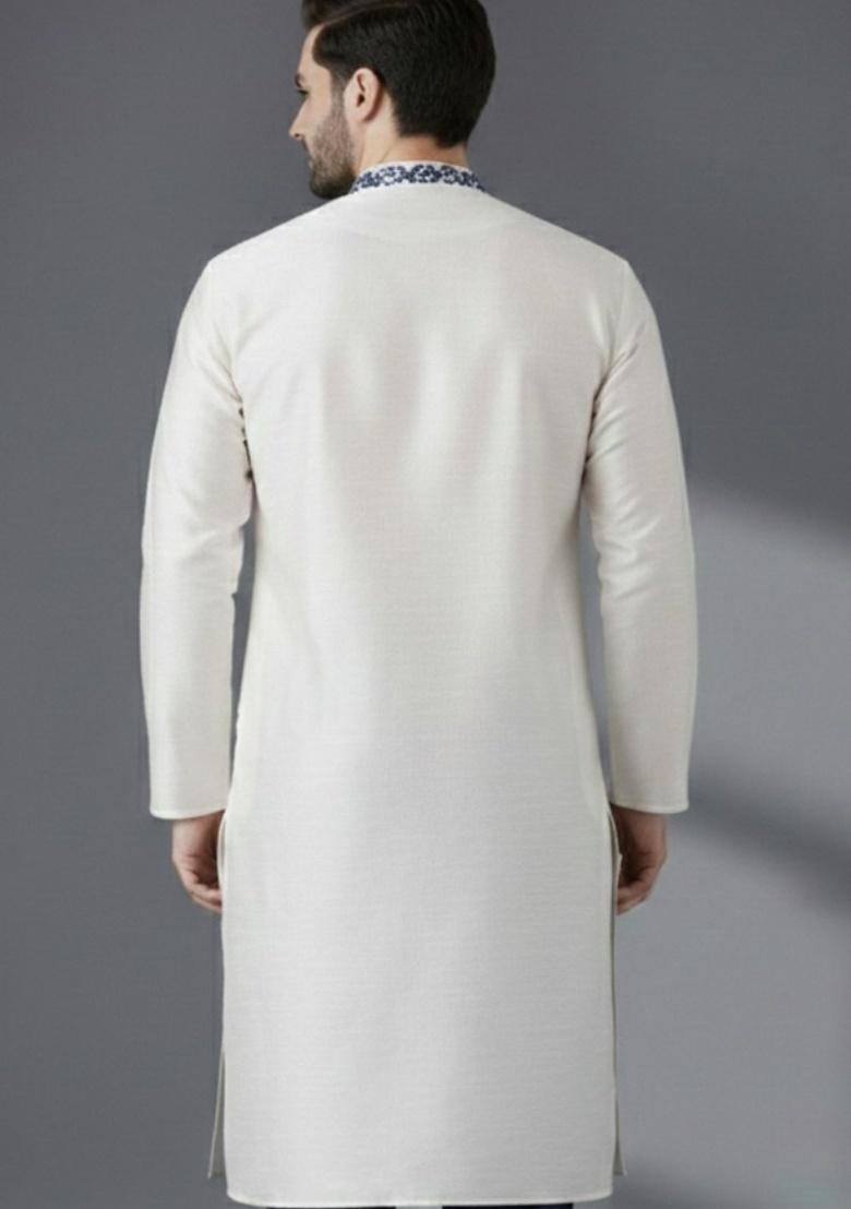 White Embroidery Silk Kurta For Men - Indya