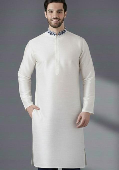 White Embroidery Silk Blend Kurta For Men
