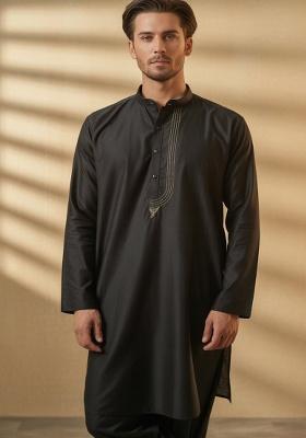 Black Embroidery Cotton Kurta For Men