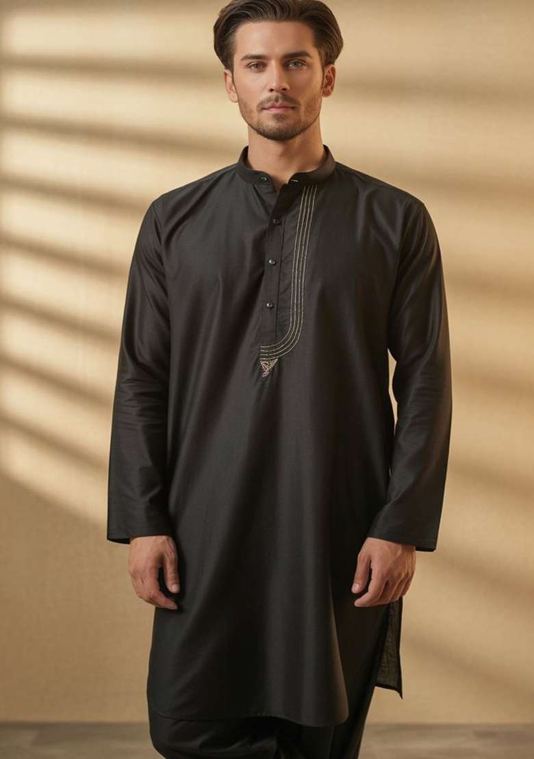 Black Embroidery Cotton Kurta For Men - Indya