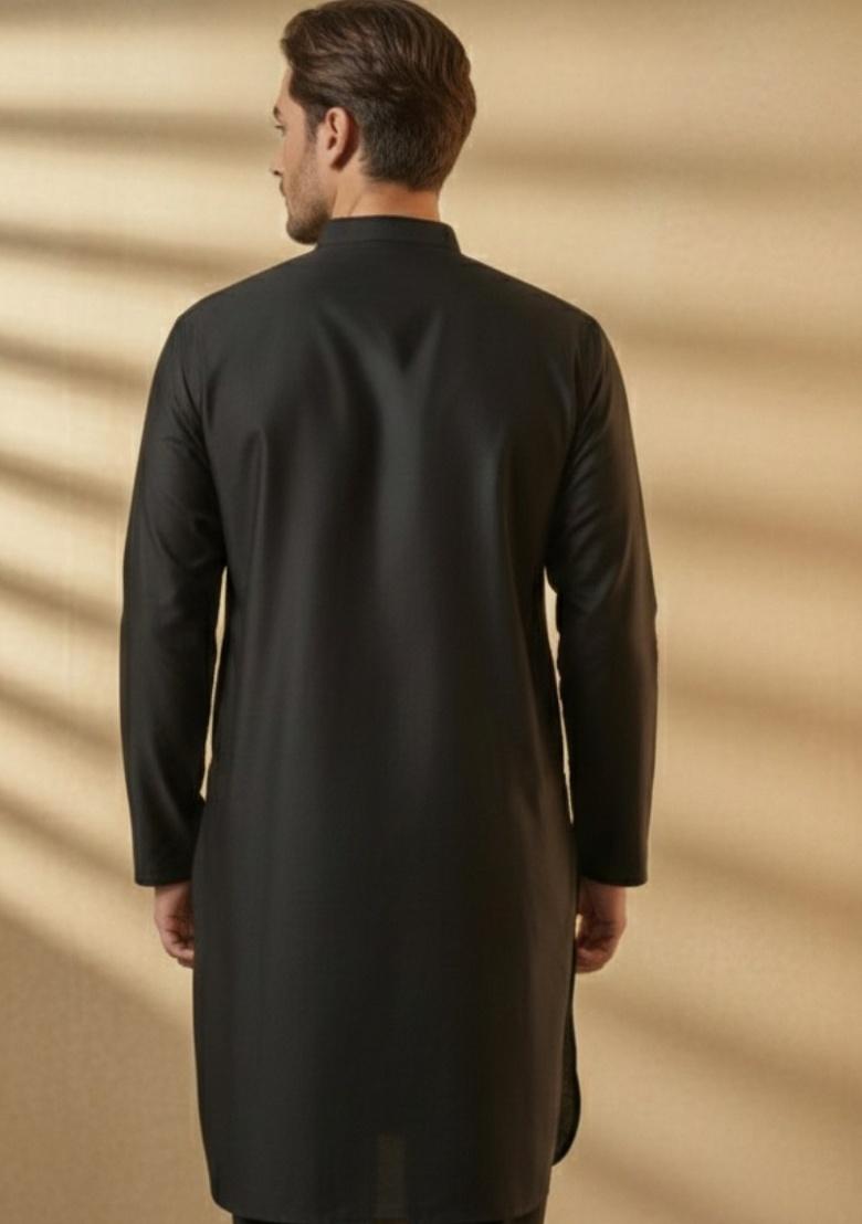 Black Embroidery Cotton Kurta For Men - Indya