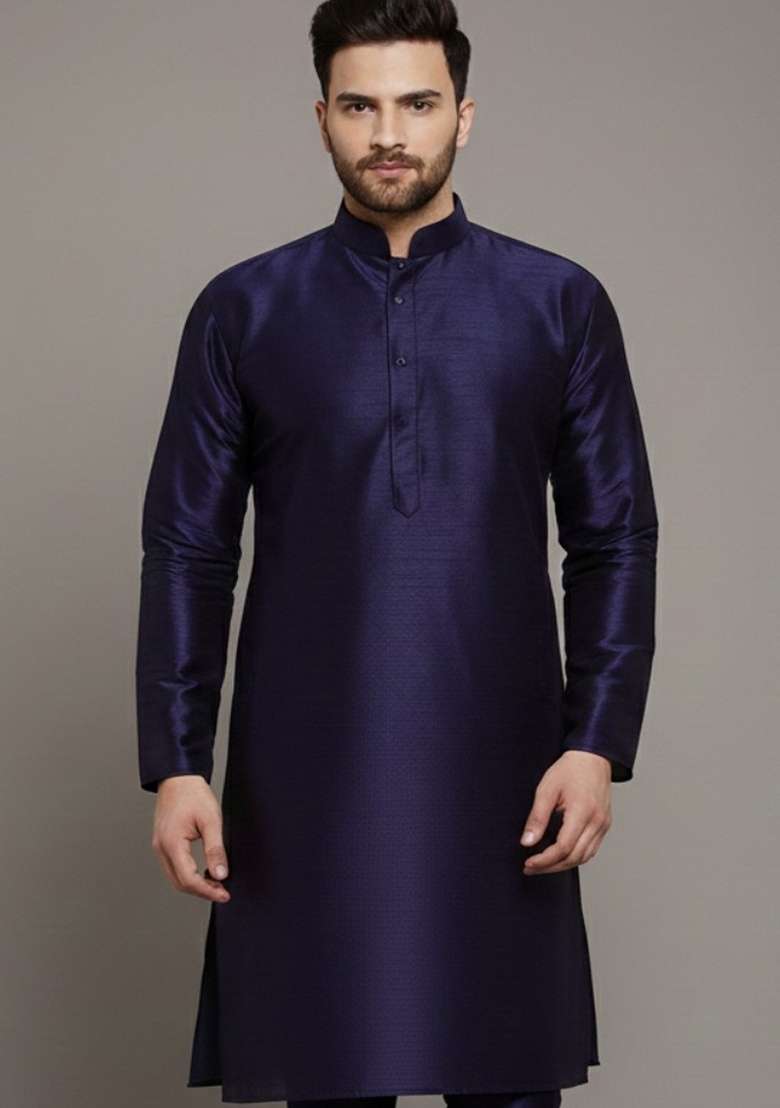 Navy Blue Embroidery Silk Blend Kurta For Men - Indya