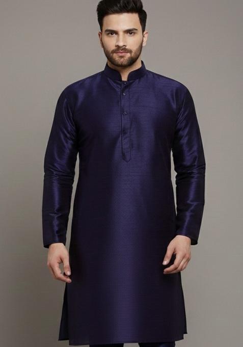 Navy Blue Embroidery Silk Kurta For Men