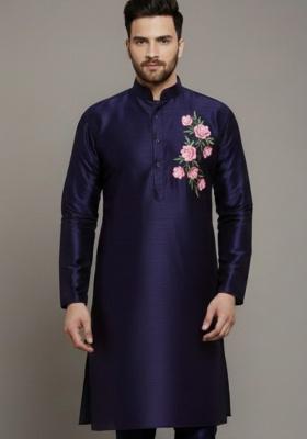 Navy Blue Embroidery Silk Kurta For Men