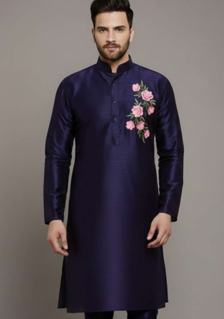 Navy Blue Embroidery Silk Blend Kurta For Men - Indya