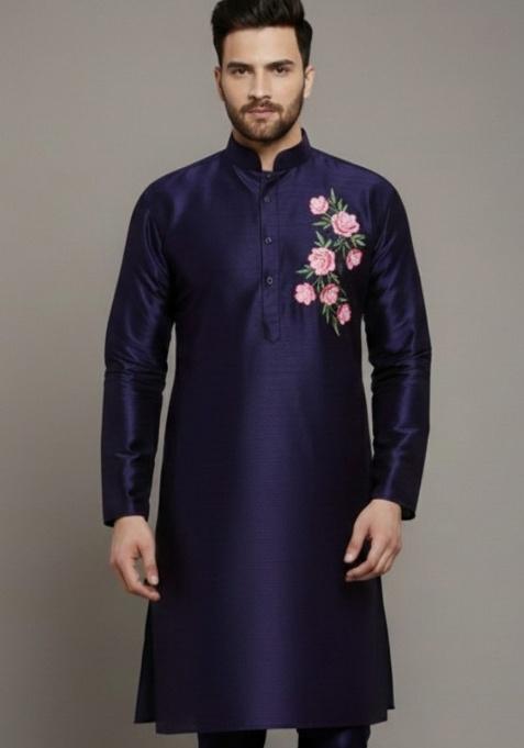 Navy Blue Embroidery Silk Kurta For Men