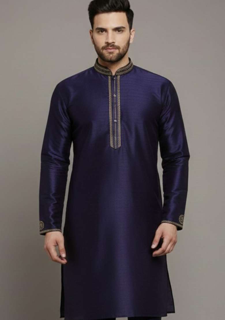 Navy Blue Embroidery Silk Blend Kurta For Men - Indya