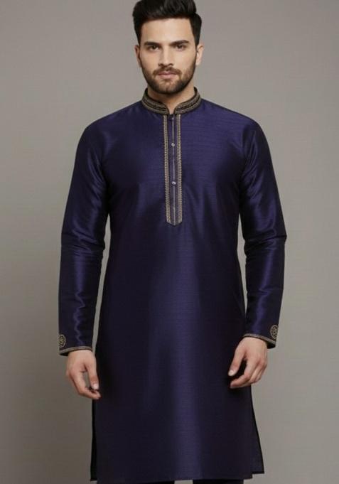 Navy Blue Embroidery Silk Kurta For Men