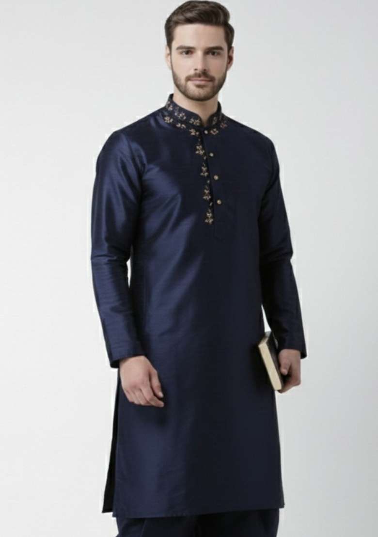 Navy Blue Embroidery Silk Blend Kurta For Men - Indya
