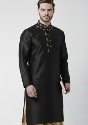 Navy Blue Embroidery Silk Kurta For Men