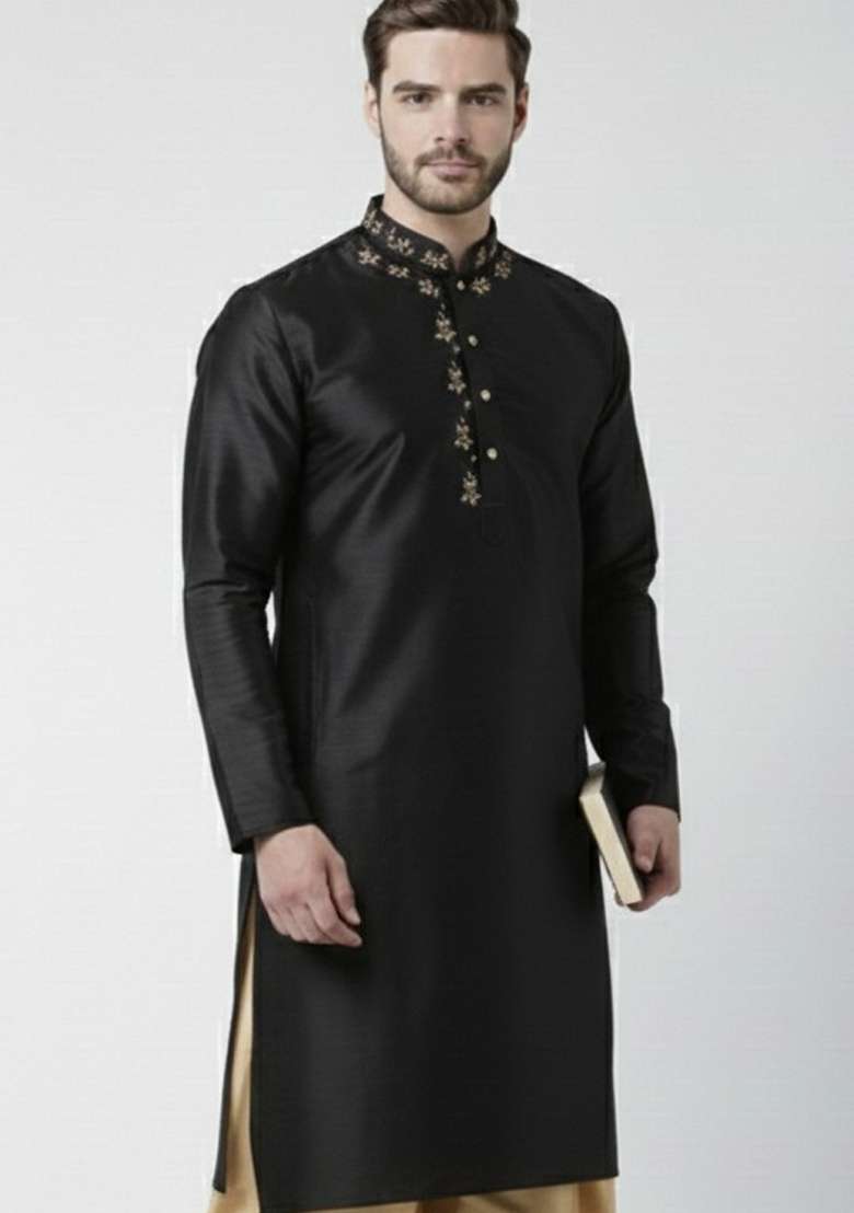 Navy Blue Embroidery Silk Blend Kurta For Men - Indya