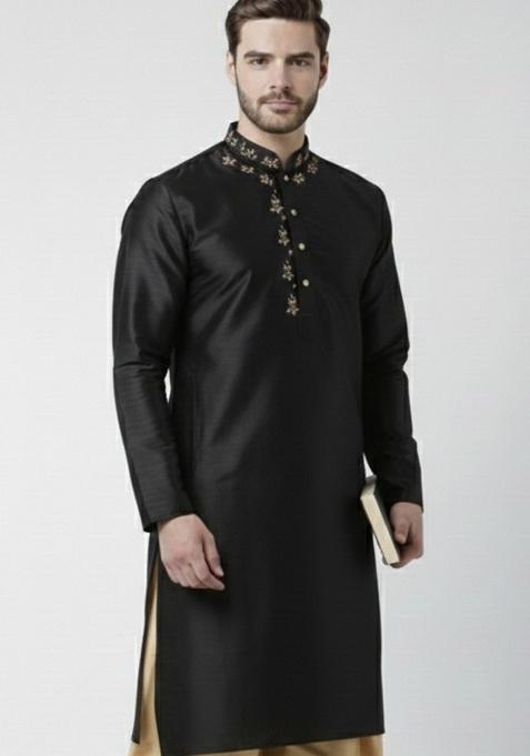 Navy Blue Embroidery Silk Kurta For Men