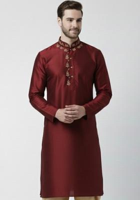 Maroon Embroidery Silk Kurta For Men