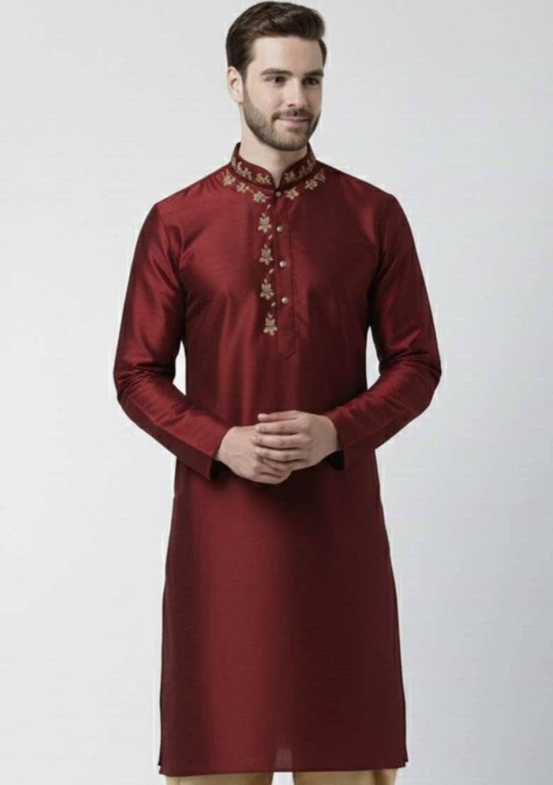 Maroon Embroidery Silk Blend Kurta For Men - Indya