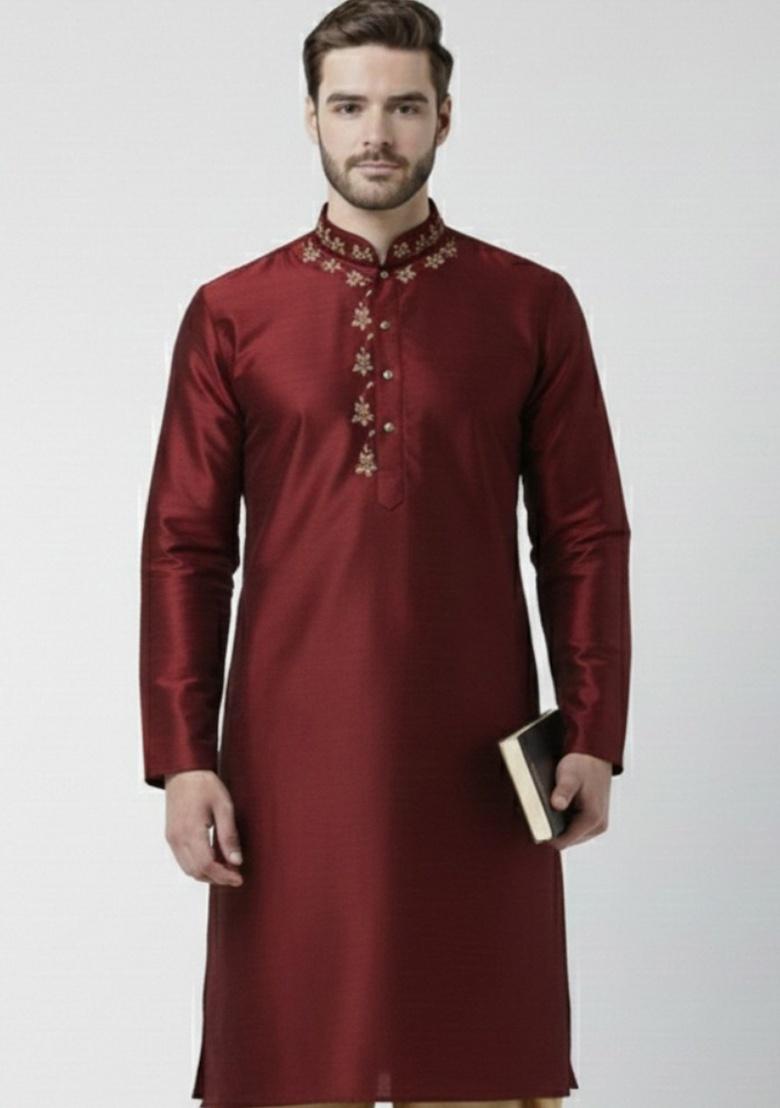 Maroon Embroidery Silk Kurta For Men - Indya