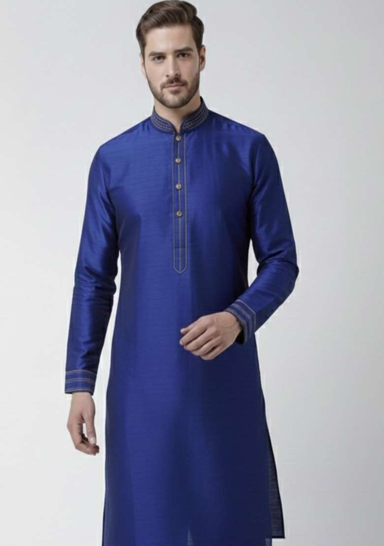 Royal Blue Embroidery Silk Blend Kurta For Men - Indya