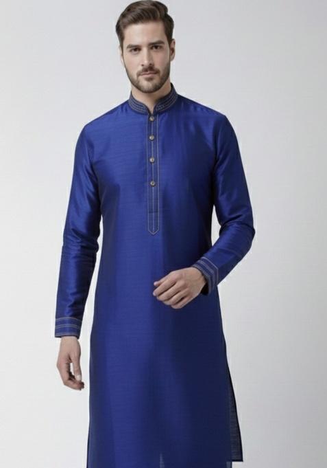 Royal Blue Embroidery Silk Kurta For Men