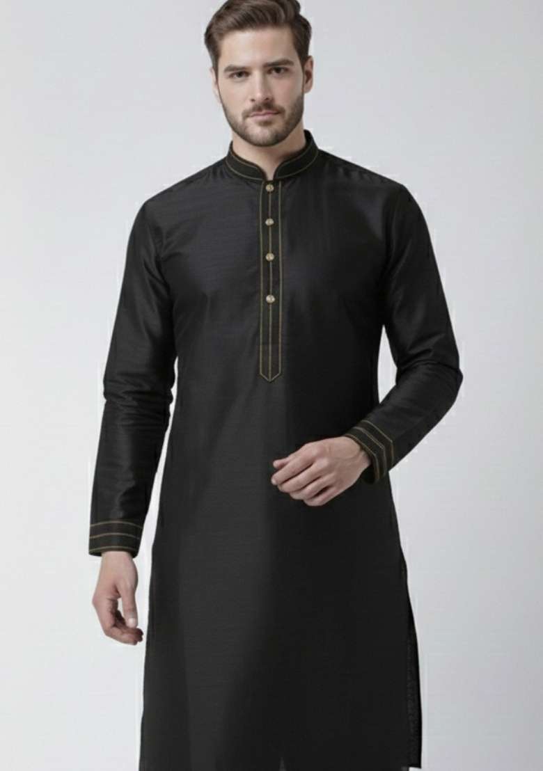 Black Embroidery Silk Blend Kurta For Men - Indya