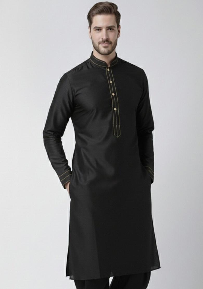 Black Embroidery Silk Kurta For Men - Indya