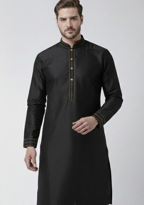 Black Embroidery Silk Blend Kurta For Men