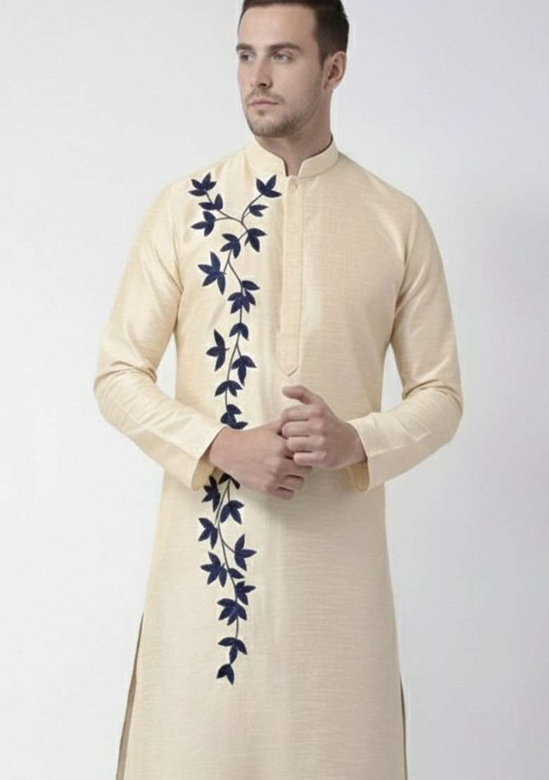 Light Golden Embroidery Silk Blend Kurta For Men - Indya