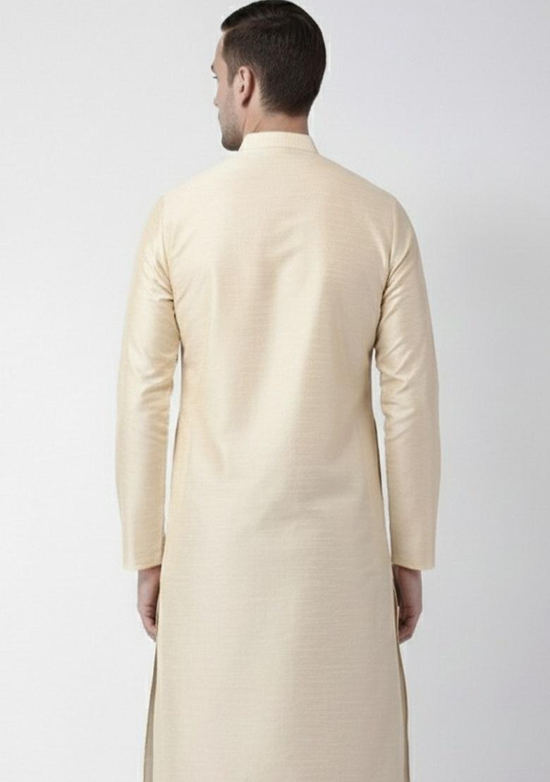 Light Golden Embroidery Silk Kurta For Men - Indya