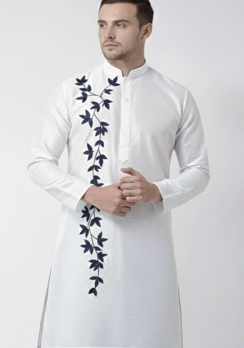White Embroidery Silk Blend Kurta For Men - Indya