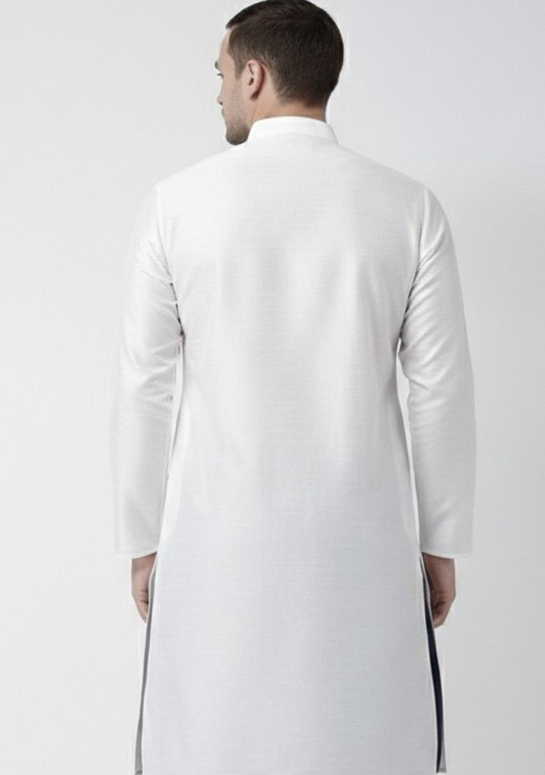 White Embroidery Silk Kurta For Men - Indya