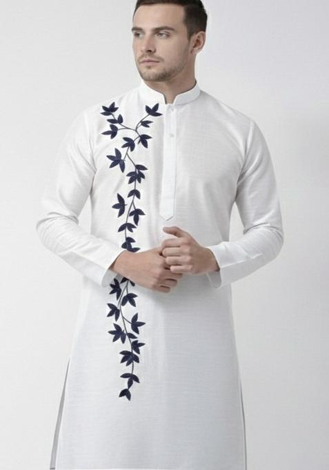 White Embroidery Silk Blend Kurta For Men