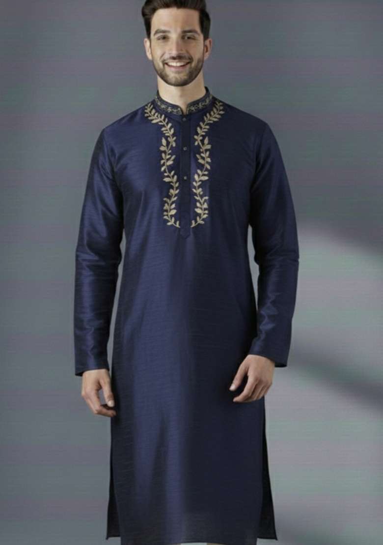 Navy Blue Embroidery Silk Blend Kurta For Men - Indya