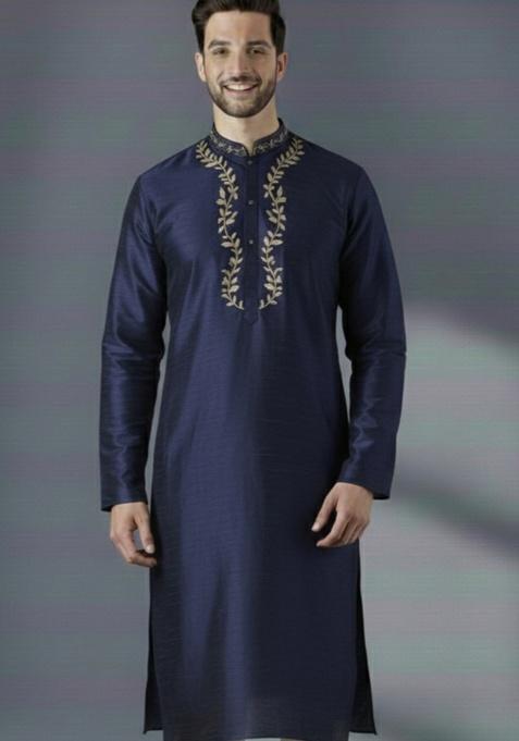 Navy Blue Embroidery Silk Kurta For Men