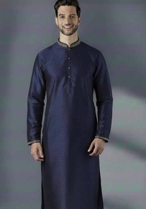 Navy Blue Embroidery Silk Kurta For Men
