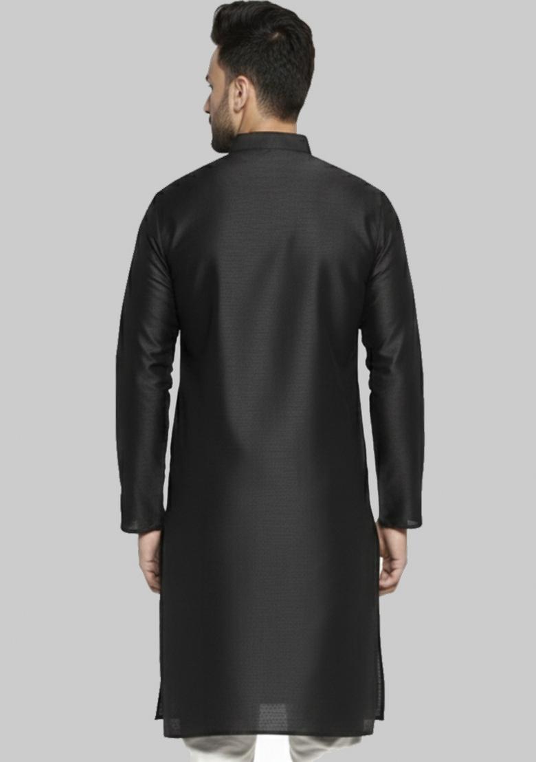 Black Embroidery Silk Kurta For Men - Indya