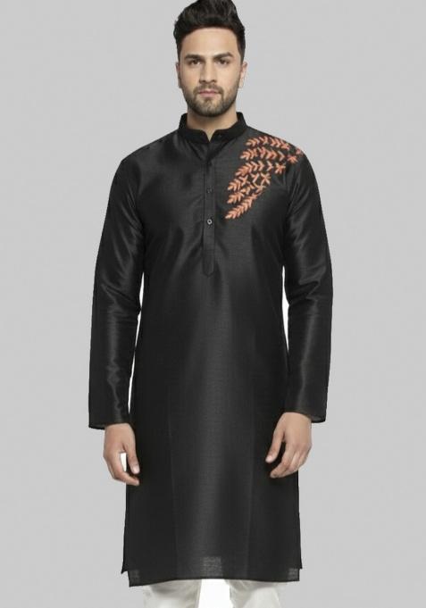 Black Embroidery Silk Blend Kurta For Men