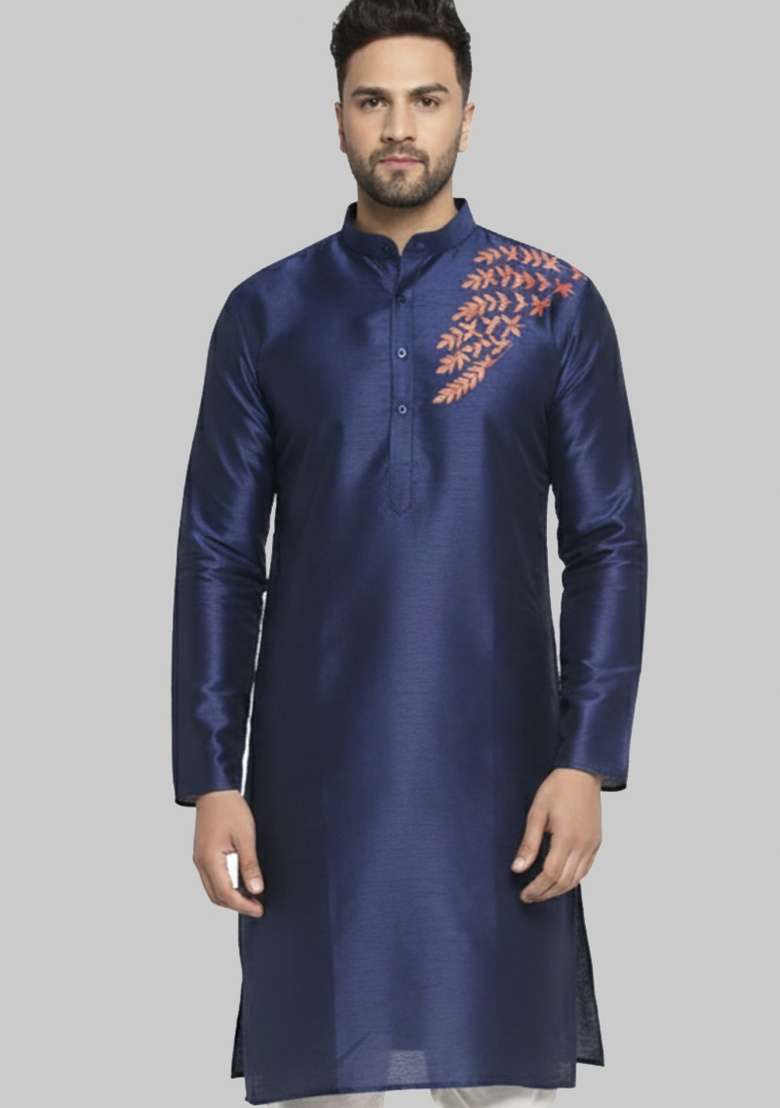 Navy Blue Embroidery Silk Blend Kurta For Men - Indya
