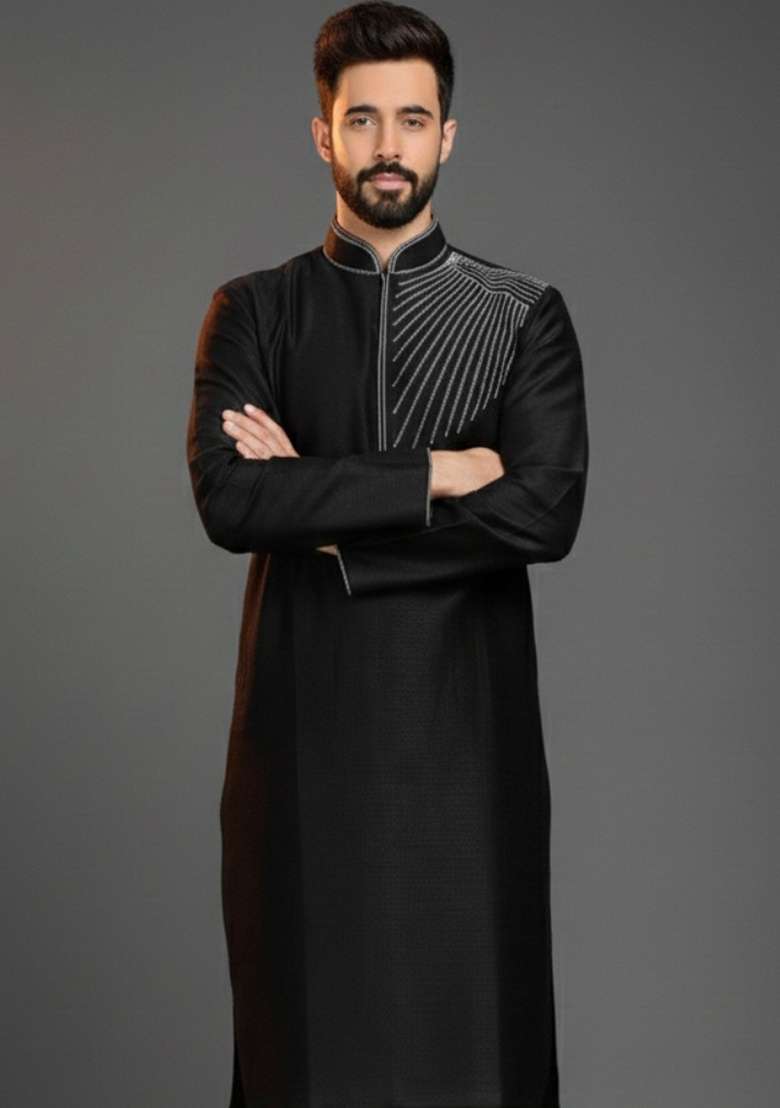 Black Embroidery Silk Blend Kurta For Men - Indya