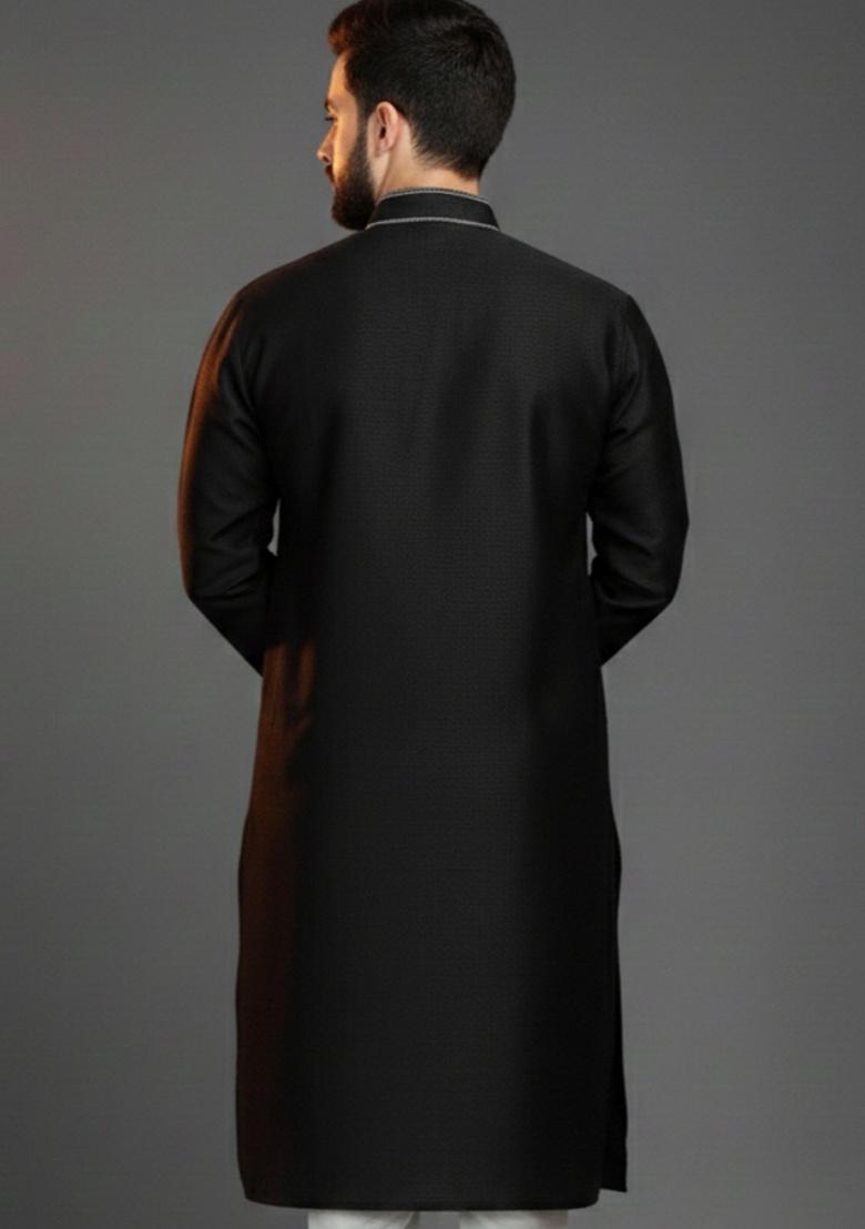 Black Embroidery Silk Kurta For Men - Indya