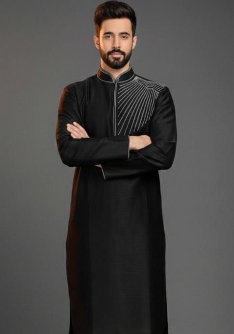 Black Embroidery Silk Blend Kurta For Men