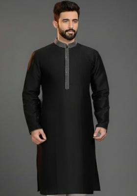 Black Embroidery Silk Kurta For Men