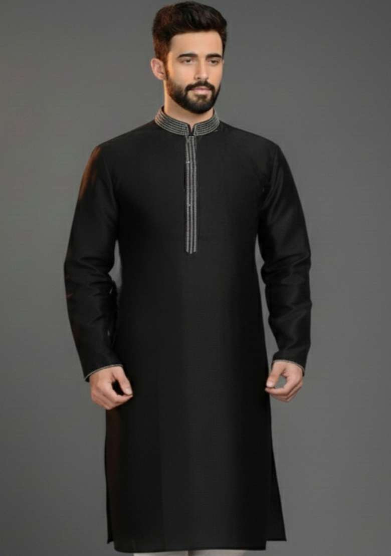 Black Embroidery Silk Blend Kurta For Men - Indya