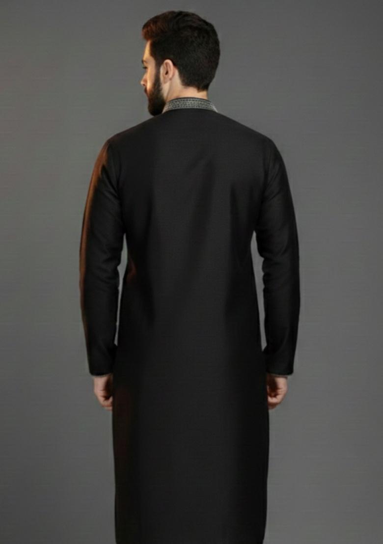 Black Embroidery Silk Kurta For Men - Indya
