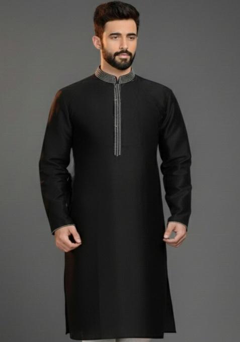 Black Embroidery Silk Blend Kurta For Men