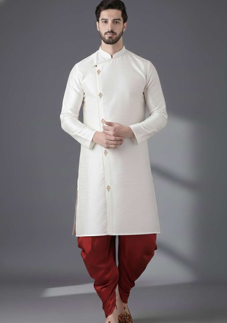 White Embroidered Silk Blend Kurta Set For Men - Indya