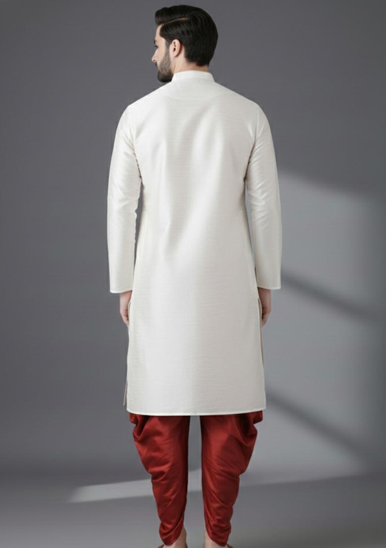 White Embroidered Silk Kurta Set For Men - Indya