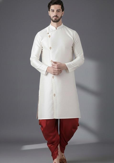 White Embroidered Silk Kurta Set For Men