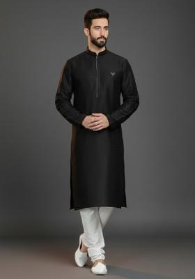 Black Embroidered Silk Kurta Set For Men