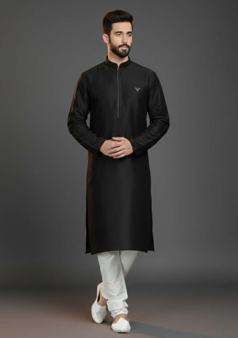 Black Embroidered Silk Blend Kurta Set For Men - Indya