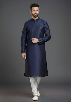 Navy Blue Embroidered Silk Kurta Set For Men