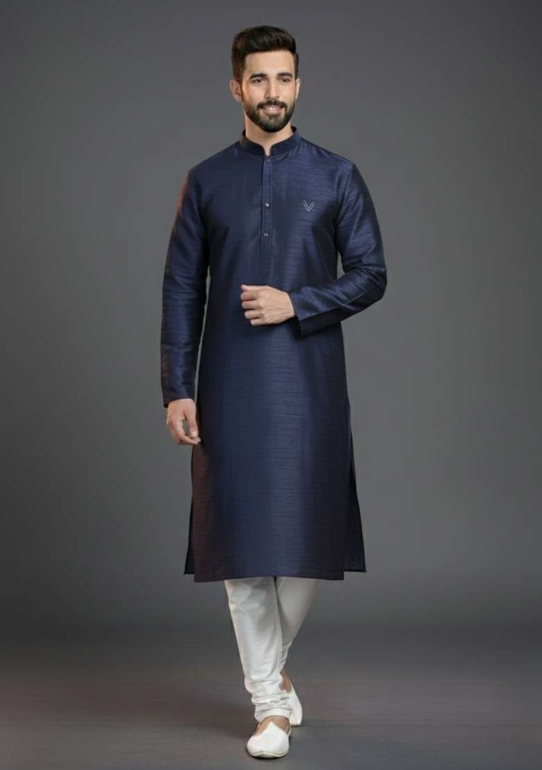 Navy Blue Embroidered Silk Blend Kurta Set For Men - Indya